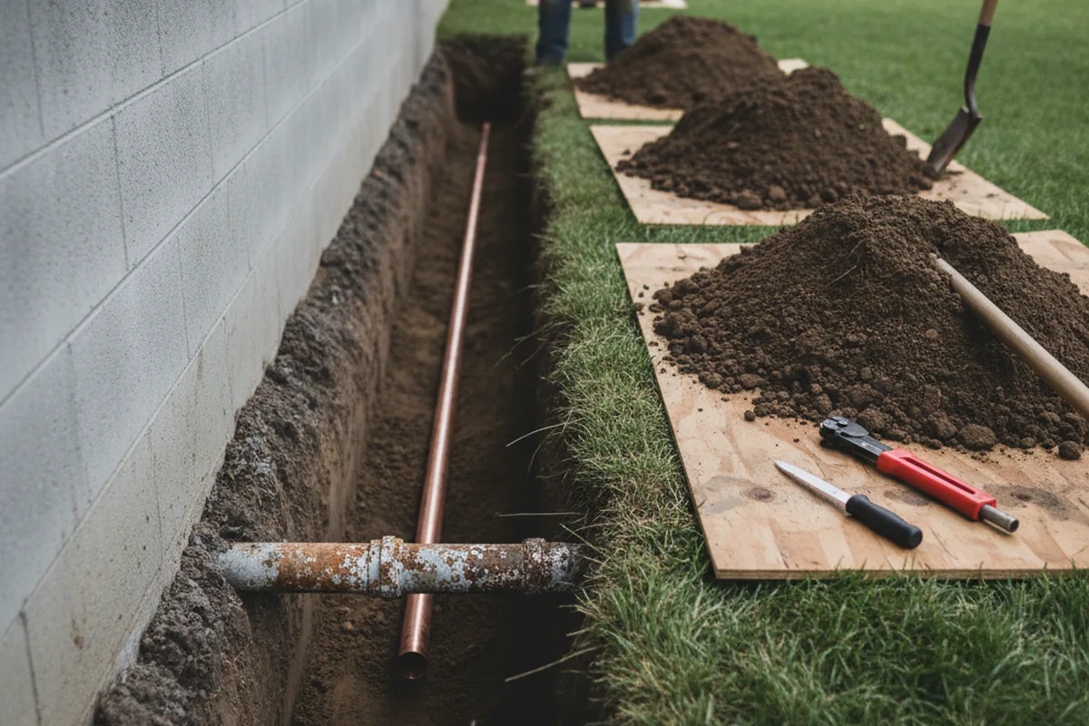 Excavated water line trench during Sewer Line Repair in Elmont
